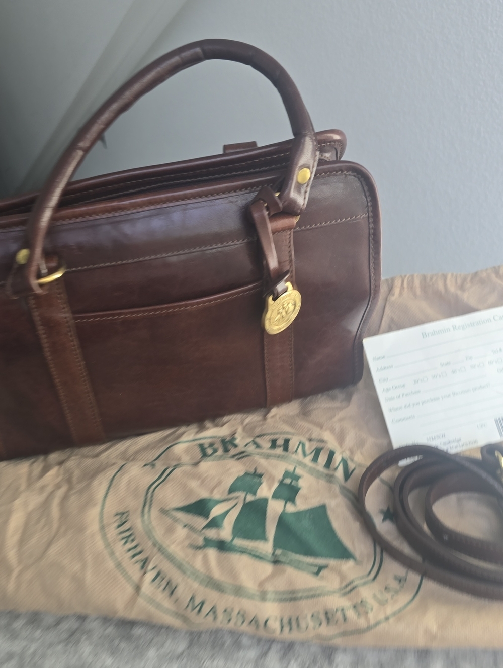 Brahmin Dark Brown Leather Briefcase with Gold Hardware